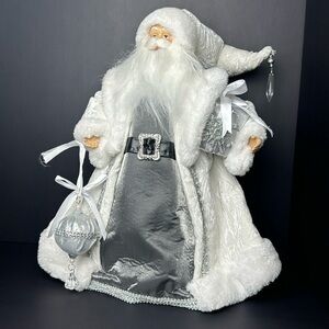 Standing White Silver With Gifts Faux Fur Santa Claus Christmas Decoration 18 in